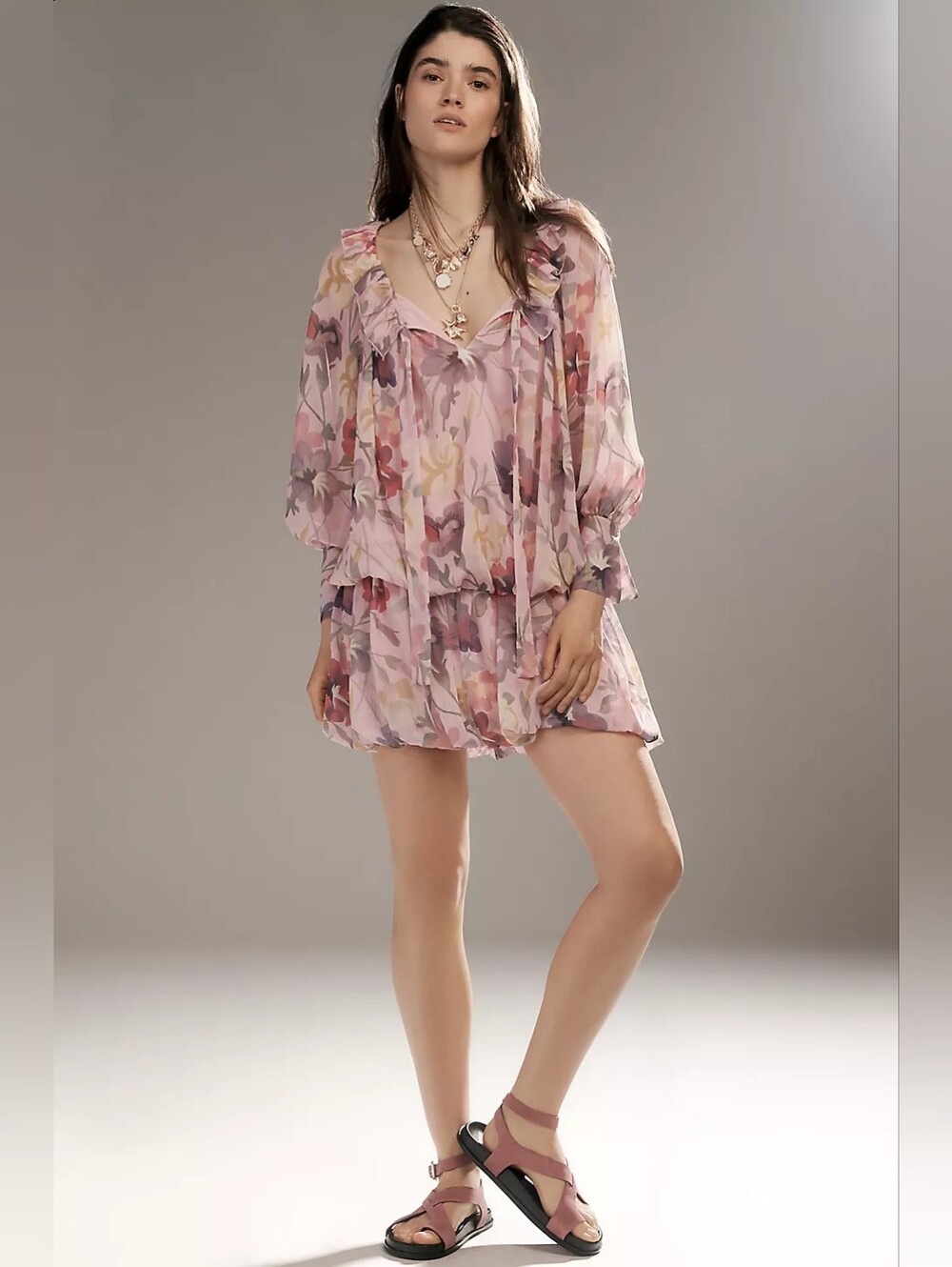 Anthropologie Mare Mare Sheer Pink Floral Long-Sleeve Mini Dress
